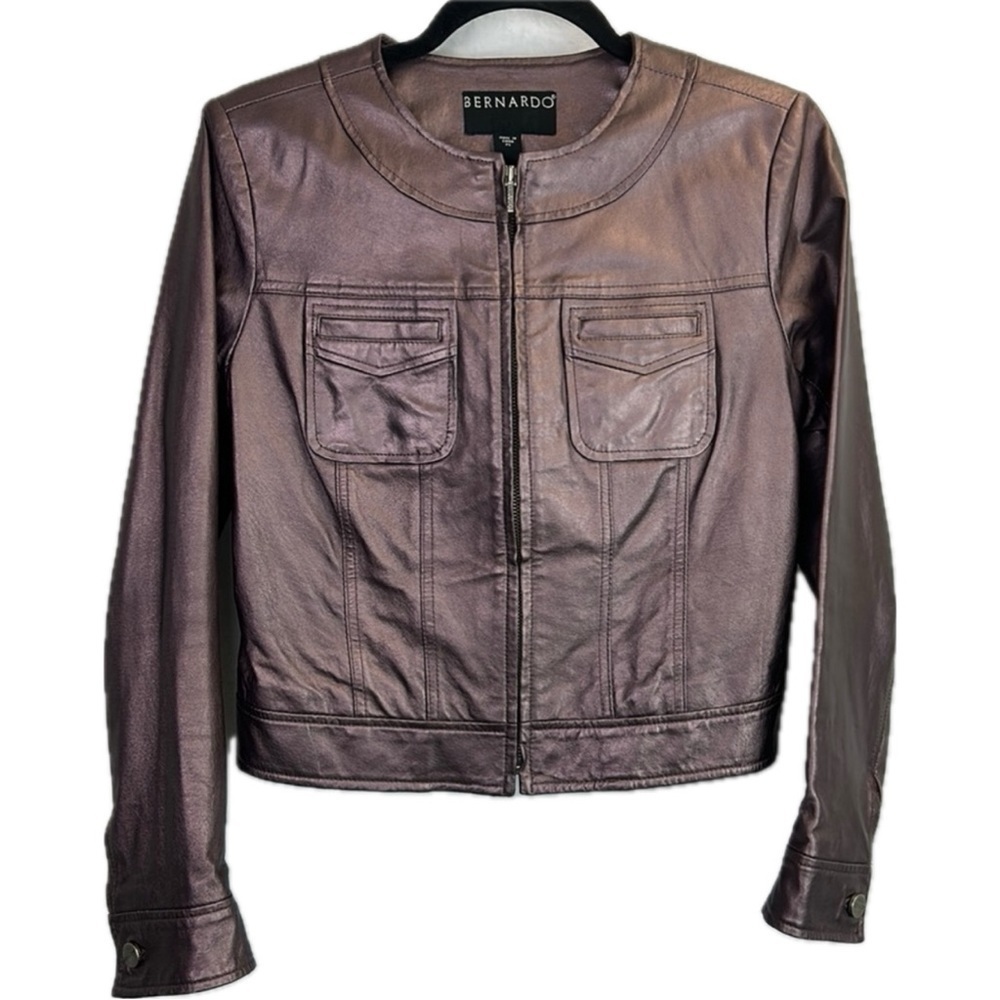 EUC Bernardo Women’s Genuine Leather Metallic Purple Full Zip Moto Jacket Sz SP